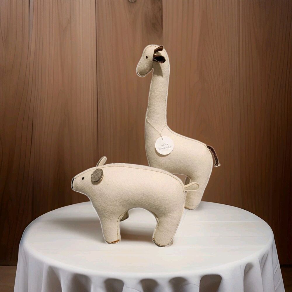 Restoration Hardware Bear & Giraffe Merino Wool Felt Bookends W/Leather Accents